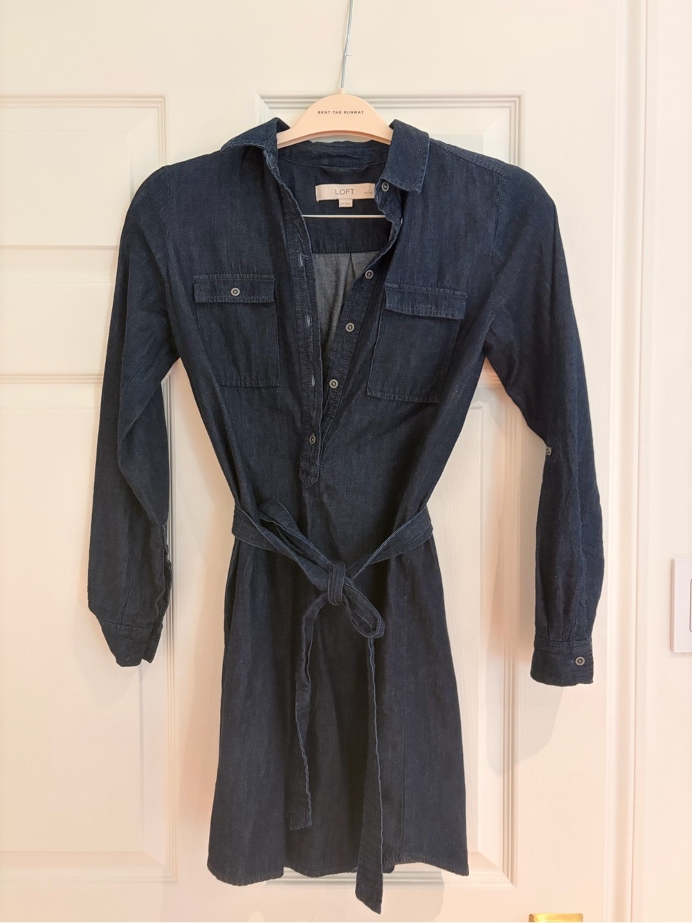 LOFT Dark Indigo Denim Shirt Dress with Button Front
